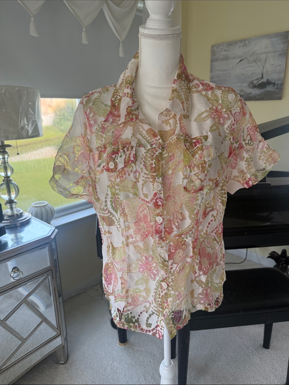 Bamboo Traders Sheer floral button front lightweight shirt jacket flax blend